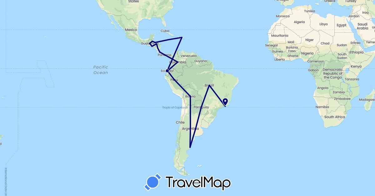 TravelMap itinerary: driving in Argentina, Bolivia, Brazil, Belize, Colombia, Costa Rica, Dominican Republic, Ecuador, Guatemala, Honduras, Nicaragua, Peru, Paraguay, El Salvador (North America, South America)