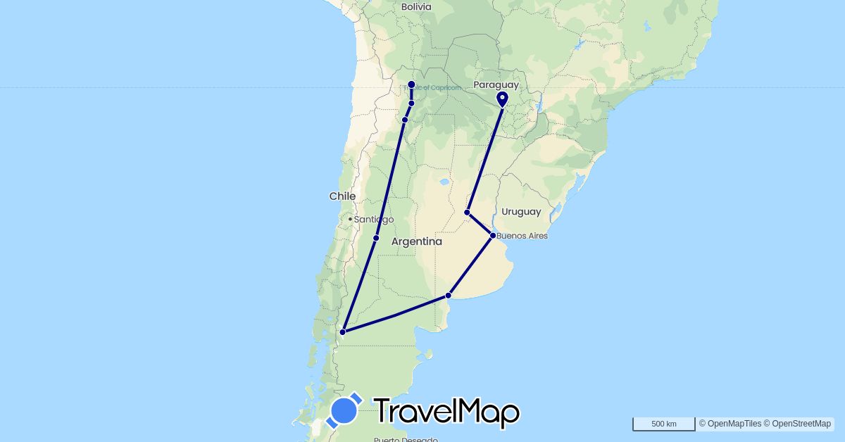 TravelMap itinerary: driving in Argentina, Paraguay (South America)